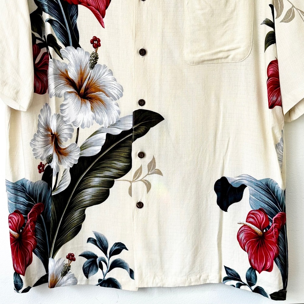 Iolani Mens XL Hawaiian Shirt Cream Floral Hibiscus Graphic Camp Aloha Top - Picture 6 of 11